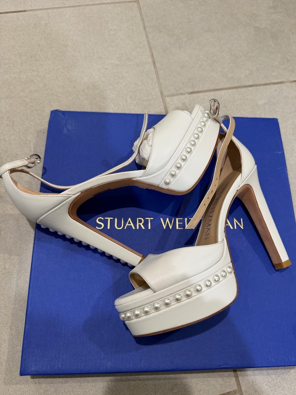 Stuart Weitzman White Pearl-Embellished Platform Sandals